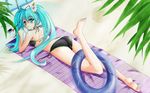  absurdres aqua_eyes aqua_hair ass barefoot beach bikini blush earrings feet flower food_print hair_flower hair_ornament hair_ribbon hatsune_miku highres innertube jewelry legs long_hair looking_back lying ribbon side-tie_bikini solo spring_onion swimsuit twintails ushas vocaloid 