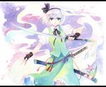  agahari black_hairband fingerless_gloves ghost gloves green_eyes hairband katana konpaku_youmu konpaku_youmu_(ghost) puffy_sleeves ribbon short_hair silver_hair skirt skirt_set solo sword tassel touhou traditional_media vest watercolor_(medium) weapon 