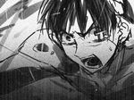  angry greyscale ikari_shinji koiso_shuuhei male_focus monochrome neon_genesis_evangelion plugsuit shouting solo tears 