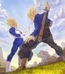  adjusting_clothes adjusting_gloves arm_up armor black_pants blue_jacket boots brown_footwear closed_mouth cloud day dragon_ball dragon_ball_z father_and_son from_below frown furrowed_eyebrows gloves grass green_eyes holding holding_sword holding_weapon jacket katsutake legs_apart long_sleeves male_focus multiple_boys pants parted_lips profile sheath sky spiked_hair standing super_saiyan sword sword_behind_back trunks_(dragon_ball) unsheathing vegeta weapon weapon_on_back white_footwear white_gloves whorled_clouds 