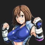  breasts brown_eyes brown_hair fingerless_gloves gloves grin highres jumpsuit kazama_asuka large_breasts naoyuki short_hair smile solo tekken tekken_6 