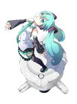  ame_saki aqua_eyes aqua_hair bad_id bad_pixiv_id detached_sleeves from_above hatsune_miku headphones long_hair necktie simple_background skirt solo standing thighhighs twintails vocaloid 