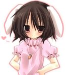  animal_ears bad_id bad_pixiv_id blush brown_hair bunny_ears carrot hands_on_hips heart inaba_tewi kokonidarekairu lowres red_eyes short_hair smile solo touhou 