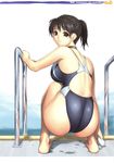  ass barefoot black_hair breasts brown_eyes competition_swimsuit from_behind highres iruma_kamiri large_breasts looking_at_viewer looking_back one-piece_swimsuit original ponytail pool pool_ladder scan short_hair smile solo squatting swimsuit water wet 