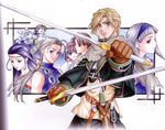  4boys antenna_hair armor belt blonde_hair blue_eyes blue_hair brown_eyes brown_hair cape circlet dual_wielding everyone evil_grin evil_smile fighting_stance frown gauntlets gensou_suikoden gensou_suikoden_ii gensou_suikogaiden gloves green_eyes grey_eyes grey_hair grin hair_ornament hairband highres holding ishikawa_fumi jewelry jillia_blight jowy_atreides-blight lipstick long_hair long_sleeves luca_blight makeup multiple_boys multiple_girls nanami_(suikoden) nash_latkje necklace official_art outstretched_arm outstretched_hand ponytail profile red_eyes riou scan scarf sheath shirt short_hair sierra_mikain silver_hair sleeveless sleeveless_shirt sleeveless_turtleneck smile sword torn_clothes turtleneck weapon 