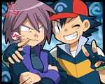  amada angry annoyed baseball_cap black_hair cheek_poking crossed_arms fingerless_gloves gloves grin hat looking_at_another male_focus multiple_boys one_eye_closed pokemon pokemon_(anime) pokemon_dp_(anime) poking purple_hair satoshi_(pokemon) shinji_(pokemon) smile v 