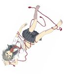  barefoot brown_hair feet kiyoshi_hara legs mouth_hold navel open_clothes open_skirt original red_rope rope rope_marks school_uniform silver_eyes skirt solo upside-down 