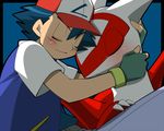  1girl amada baseball_cap closed_eyes fingerless_gloves gen_3_pokemon gloves hat hug latias pokemon pokemon_(anime) pokemon_(classic_anime) pokemon_(creature) satoshi_(pokemon) sitting smile 