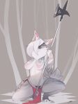  2019 anthro barely_visible_genitalia barely_visible_pussy blindfold blush breasts clothed clothing detailed_background digital_media_(artwork) electrycpynk featureless_breasts female forest fur grey_fur halberd holding_object holding_weapon inner_ear_fluff kneeling loincloth mammal markings melee melee_weapon multicolored_fur neck_tuft outside panties polearm pussy signature skimpy solo topless tree tuft two_tone_fur underwear unknown_species weapon white_fur 
