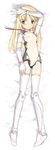  arm_on_head arnval artist_request bangs bed_sheet blonde_hair blue_eyes blush boots breasts busou_shinki cable covered_navel dakimakura doll_joints from_above full_body garter_straps gloves hand_on_own_thigh leotard long_hair lying on_back on_bed parted_bangs small_breasts solo thigh_boots thighhighs white_footwear white_legwear 