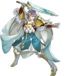  aqua_eyes arm_guards arm_up armor bangs blue_hair boots cape feather_trim fighting_stance fire_emblem fire_emblem_heroes full_body gauntlets gloves highres holding holding_sword holding_weapon hrid_(fire_emblem_heroes) knee_boots long_sleeves looking_away maeshima_shigeki male_focus multicolored_hair non-web_source official_art open_mouth pants puffy_sleeves short_hair shoulder_armor silver_hair solo striped sword transparent_background weapon 