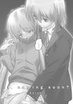  1boy 1girl ayasaki_hayate bolze closed_eyes fingering formal greyscale hand_in_panties hand_on_another's_shoulder hayate_no_gotoku! hetero jacket long_hair monochrome neck_ribbon panties ribbon sanzen'in_nagi skirt skirt_lift spoken_ellipsis suit track_jacket trembling twintails underwear 