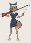  2019 5_fingers anthro blood breasts canid canine canis cigarette clothing digital_media_(artwork) domestic_dog dress female fur grey_eyes grey_fur gun half-closed_eyes hi_res katlek looking_at_viewer mammal nun ranged_weapon religion rifle sacrilegious simple_background smoking solo standing weapon 