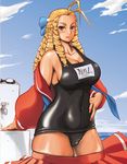  antenna_hair black_school_swimsuit blonde_hair breasts brown_eyes cleavage cloud day drill_hair forehead hair_pulled_back hand_on_hip kanzuki_karin large_breasts long_hair nail_polish name_tag one-piece_swimsuit open_clothes open_shirt plump red_sailor_collar ringlets sailor_collar school_swimsuit school_uniform shirt skirt skirt_pull sky solo street_fighter swimsuit undressing water ya-zy 