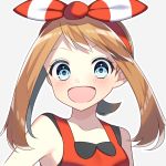  1girl :d blue_eyes blush bow brown_hair collarbone creatures_(company) floating_hair game_freak grey_background hair_bow hairband haruka_(pokemon) long_hair looking_at_viewer nintendo open_mouth pokemon pokemon_(game) pokemon_oras ponytail portrait red_hairband red_shirt shiny shiny_hair shirt simple_background sleeveless sleeveless_shirt smile solo striped striped_bow twintails yuihiko 