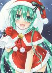  1girl :d bag blush bow breasts capelet cowboy_shot dress floating_hair fujiwara_minaho fur-trimmed_capelet fur-trimmed_dress fur-trimmed_gloves fur-trimmed_hat fur_trim gift_bag gloves green_eyes green_hair hair_between_eyes hat hat_bow hatsune_miku holding holding_bag leaning_forward long_hair marker_(medium) medium_breasts open_mouth red_capelet red_dress red_gloves red_hat santa_costume santa_hat shiny shiny_hair short_dress smile solo standing star striped striped_bow traditional_media very_long_hair vocaloid watermark 