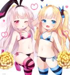  2girls :d arm_up azur_lane bikini black_bikini_bottom black_hairband black_ribbon blonde_hair blue_bikini_top blue_eyes blush cheerleader commentary_request fangs hair_ornament hair_ribbon hairband heart hobby_(azur_lane) holding kalk_(azur_lane) koko_ne_(user_fpm6842) light_brown_hair long_hair multicolored_hair multiple_girls navel no_shoes one_eye_closed open_mouth outstretched_arm parted_lips pink_bikini_top pom_poms red_eyes ribbon side-tie_bikini smile standing standing_on_one_leg streaked_hair striped striped_legwear swimsuit thighhighs two_side_up very_long_hair white_hair 