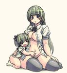  ;d age_difference black_legwear bottomless breasts child cleavage copyright_request dress_shirt family green_hair large_breasts long_hair looking_at_viewer multiple_girls no_bra one_eye_closed open_clothes open_mouth open_shirt shirt sitting size_difference smile thighhighs xration yokozuwari 