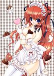  absurdres apron bare_shoulders blue_eyes blush breast_squeeze breasts bust_cup chocolate copyright_request cream crossed_arms cupcake fingerless_gloves food gloves hair_ribbon happy heart highres lace large_breasts long_hair maid naked_apron nipples ramiya_ryou red_hair ribbon solo thighhighs valentine whisk 