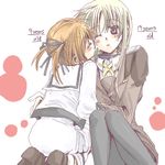  aihara_(keitora) bad_id bad_pixiv_id blonde_hair blush fate_testarossa kiss lowres lyrical_nanoha mahou_shoujo_lyrical_nanoha mahou_shoujo_lyrical_nanoha_a's mahou_shoujo_lyrical_nanoha_strikers multiple_girls one_eye_closed pantyhose school_uniform seishou_elementary_school_uniform takamachi_nanoha time_paradox tsab_ground_military_uniform uniform yuri 