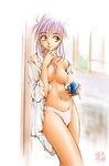  artist_request breasts brown_eyes copyright_request cup medium_breasts mug no_bra open_clothes open_shirt panties purple_hair shirt solo toothbrush underwear 