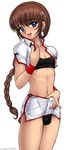  1boy androgynous artist_name blue_eyes braid brown_hair bulge crossdress crossdressing earrings erection erection_under_clothes jewelry looking_at_viewer midriff open_mouth skirt solo standing trap usura 