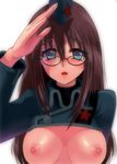  1girl blue_eyes blush breasts brown_hair glasses hat kinon large_breasts long_hair salute solo tengen_toppa_gurren_lagann uniform 