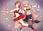  2girls :d arm_strap black_skirt blue_eyes blush breasts brown_eyes brown_hair cleavage crop_top floating_hair full_body high_heels highres holding holding_instrument holding_microphone instrument leg_up legs_up long_hair looking_at_viewer medium_breasts megurine_luka meiko microphone midriff miniskirt multiple_girls navel open_mouth pink_hair print_skirt red_skirt short_hair side_slit skirt sleeveless smile ssn starry_sky_print stomach strapless very_long_hair vocaloid wrist_cuffs 