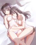  :o arm_grab ass ass_visible_through_thighs bangs bed_sheet black_eye black_hair black_panties blue_panties breasts closed_mouth commentary_request crotch_seam from_above hand_on_another's_stomach highres injury kamakama_(kdmorh_kamakama) legs light_blush light_frown long_hair looking_at_viewer looking_back lying medium_breasts multiple_girls navel no_pants on_back on_bed on_side original panties parted_lips partial_commentary pillow shadow shirt short_hair short_ponytail side-tie_panties t-shirt underwear white_shirt yuri 