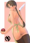  apple apron ass braid breasts brown_eyes brown_hair food fruit glasses holding holding_food holding_fruit hoshina_tomoko knife long_hair medium_breasts naked_apron no_panties sideboob single_braid solo thighhighs to_heart tsuina 