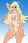  antenna_hair areolae bikini blonde_hair breasts copyright_request covered_nipples gradient gradient_background green_eyes huge_breasts kei_(bekei) long_hair micro_bikini navel o-ring o-ring_bottom one-piece_tan skindentation solo swimsuit tan tanline wide_hips 