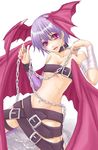  bandages bat_wings belt beltbra beltskirt chain demon_girl detached_sleeves eguchi_kaimu elbow_gloves flat_chest gloves head_wings leather lilith_aensland nail_polish pink_nails purple_hair red_eyes short_hair solo succubus vampire_(game) wings 