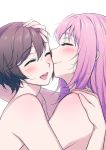  2girls :d blush brown_hair eyebrows_visible_through_hair eyes_closed from_side hair_between_eyes hand_on_another&#039;s_head hand_on_another&#039;s_shoulder highres hug long_hair megurine_luka meiko multiple_girls nude open_mouth pink_hair portrait simple_background smile ssn vocaloid white_background yuri 