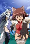  absurdres albino animal_ears artist_request blanc_neige blue_skirt boots breasts brown_hair cape cat_ears cleavage elbow_gloves gloves hands highres large_breasts long_hair mao_(shining_tears) megami multiple_girls non-web_source official_art red_eyes shining_(series) shining_tears skirt smile thigh_boots thighhighs white_hair 