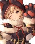  1girl ;3 alisia0812 animal_hood black_capelet black_shirt blonde_hair brown_eyes capelet cat_hood closed_mouth commentary_request cosplay djeeta_(granblue_fantasy) fur_trim gloves granblue_fantasy hand_on_hip hand_up highres hood kuronekodoushi kuronekodoushi_(cosplay) looking_at_viewer one_eye_closed paw_gloves paws rope shirt simple_background smile solo standing twitter_username upper_body white_background 
