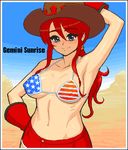  american_flag_bikini bikini bikini_top blue_eyes blush cowboy_hat flag_print gemini_sunrise gloves hat lowres oekaki red_hair sakura_taisen sakura_taisen_v solo swimsuit tenseiani western 