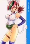  1girl animal_ears betterman blue_legwear blue_thighhighs breasts brown_hair cat_ears cat_tail catgirl cover detached_sleeves doujin doujinshi erect_nipples female green_hair jpeg_artifacts large_breasts multicolored_hair navel necktie nishitsuki_tsutomu panties pink_hair pink_panties red_eyes sai_hinoki see-through short_hair skirt skirt_lift solo tail thigh_strap thighhighs underwear 