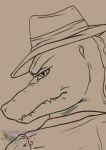  alligator angry anthro bust_portrait clothed clothing cregon crocodile crocodilian fedora glare hat headshot looking_at_viewer male philfox portrait reptile scalie scowling simple_background 