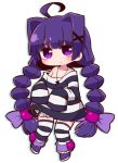  ahoge alice_(criminal_girls) bangs bloomers blush boots bow braid cat_hair_ornament chibi closed_mouth collarbone commentary_request criminal_girls cuffs eyebrows_visible_through_hair full_body hair_bow hair_intakes hair_ornament handcuffs jewelry key light_frown long_hair long_sleeves looking_at_viewer low_twintails naga_u necklace off_shoulder oversized_clothes purple_bow purple_eyes purple_footwear purple_hair shadow shirt sidelocks sleeves_past_fingers sleeves_past_wrists solo striped striped_legwear striped_shirt thighhighs twin_braids twintails underwear very_long_hair white_background white_bloomers x_hair_ornament 