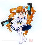  arcana_heart boots chikkuru curly_hair drill_hair dual_wielding flower full_body gun holding long_hair orange_hair petra_johanna_lagerkvist rose skirt solo standing thigh_boots thighhighs twin_drills weapon white_background white_flower white_legwear white_rose white_skirt 