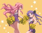  cheerleader hiiragi_kagami imo_works long_hair looking_back lucky_star multiple_girls pink_hair pom_poms purple_eyes purple_hair skirt star takara_miyuki tsurime twintails 