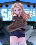  aircraft aircraft_carrier airplane ass background_text black_shirt blue_shorts blue_sky brown_jacket c-5m_super_galaxy commentary cowboy_shot cutoffs day denim denim_shorts emblem english from_behind girls_und_panzer grin ground_vehicle hair_intakes hands_in_pockets highres jacket kasai_shin kay_(girls_und_panzer) long_hair looking_at_viewer looking_back m4_sherman military military_uniform military_vehicle motor_vehicle off_shoulder open_clothes open_jacket outdoors saunders_military_uniform sherman_firefly ship shirt short_shorts shorts sky smile solo standing star tank tank_top thighhighs thighs uniform uss_george_washington_(girls_und_panzer) warship watercraft white_legwear wind 