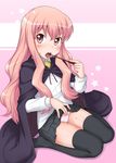  face ha-ru long_hair louise_francoise_le_blanc_de_la_valliere panties pentacle pink_background saliva thighhighs underwear wand zero_no_tsukaima 