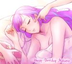  1girl box breasts character_name cleavage eyes_closed gift gift_box happy_birthday highlights holding holding_box index_finger_raised long_hair lying macross macross_delta medium_breasts mikumo_guynemer multicolored_hair nude on_side parted_lips poking purple_hair sleeping smile ssn under_covers white_background 
