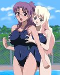  bad_id bad_pixiv_id blue_eyes breast_grab breasts covered_nipples glasses grabbing large_breasts macross macross_frontier matsuura_nanase multiple_girls nisina one-piece_swimsuit pink_hair purple_eyes purple_hair sheryl_nome swimsuit 