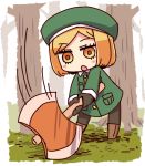  :o axe bangs battle_axe beret blonde_hair blush_stickers boots brown_eyes brown_footwear brown_gloves brown_legwear chibi eyebrows_visible_through_hair fate/grand_order fate_(series) full_body gloves green_hat green_jacket hat holding holding_axe jacket knee_boots long_sleeves motion_lines naga_u pantyhose parted_bangs parted_lips paul_bunyan_(fate/grand_order) solo standing tree two-handed weapon 