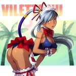  ass breast_hold breasts cleavage code_geass dark_skin highres large_breasts long_hair nekomata_naomi one-piece_swimsuit ponytail silver_hair solo swimsuit thighhighs villetta_nu yellow_eyes 