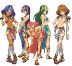  90s aqua_eyes armor bandages belt bent_over blue_eyes blue_hair boots breasts breath_of_fire breath_of_fire_ii brooch brown_eyes brown_hair choker circlet cleavage crop_top crossed_legs crown dark_skin dress fantasy green_hair hand_on_hip hat jewelry leaning_forward legs long_hair looking_back medium_breasts midriff multiple_girls necklace no_bra official_art one_eye_closed red_eyes red_hair sana see-through seny seso shaman shin_(breath_of_fire) shoes short_hair side_slit sideboob simple_background sitting skirt smile spoo_(breath_of_fire) standing thigh_strap thighs underboob very_long_hair watson_cross white_background yoshikawa_tatsuya 