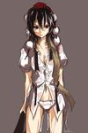  akiyama_nenehisa bangs black_hair dress_shirt grey_background hat looking_at_viewer navel no_pants panties pom_pom_(clothes) red_eyes shameimaru_aya shirt short_hair simple_background sketch solo standing tokin_hat touhou underwear untied wet wet_clothes 