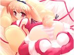  animal_ears bent_over blush copyright_request dog_ears dog_tail highres inuneko panties paws red_eyes red_hair ribbon solo striped striped_panties tail thighhighs underwear upskirt 